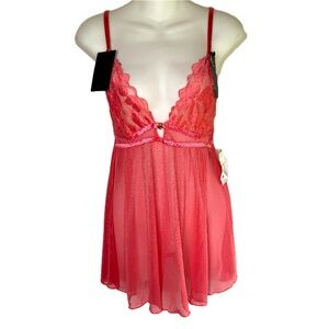NEW 2 Pc Rachael Roy Coral Lace Night Gown & Thong Sz L